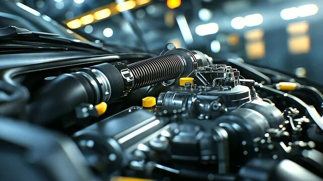 A close-up of a car engine in the workshop with focus on the turbocharger, intercooler, and intake manifold, showcasing the advanced mechanical engineering