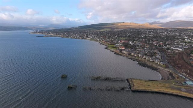 Aerial city Helensburgh on bank river Clyde Scotland and Gare Loch