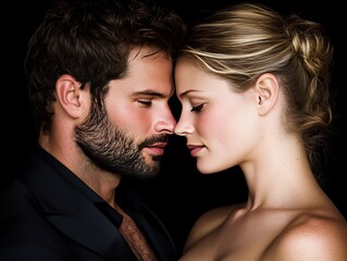 Obraz premium Intense close up portrait of passionate couple with deep eye contact against dark dramatic background evoking strong emotions romance and deep connection