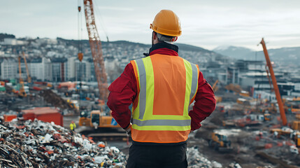 Construction worker overseeing a building site wearing protective gear.