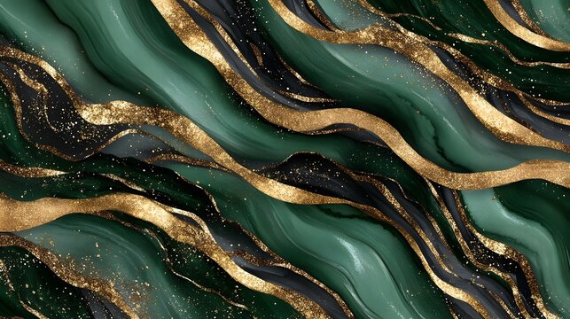 Elegant abstract watercolor background with green and gold hues, luxury artistic fluid texture, marble-inspired design, modern decorative painting effect
