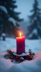 Burning Advent candle in snow-covered landscape, snow, calm, stillness