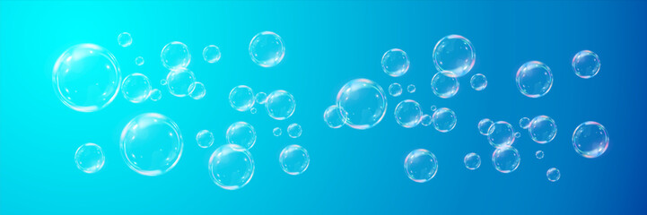Set of soap bubbles with rainbow reflection. Light blue background. Vector PNG.