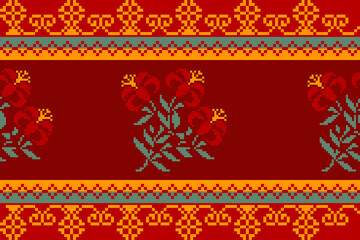 Seamless geometric pattern . pixel pattern. Design for clothing fabric textile ornamentation embroidery Hand stitched pattern . cultural stitching pixel art , Cross stitch pattern