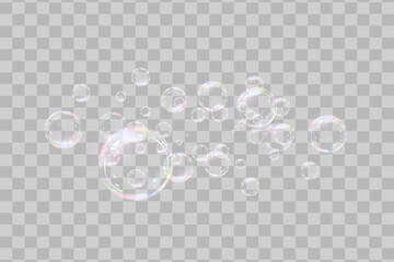 Soap air bubbles. Realistic soap bubble with glare. Vector illustration.