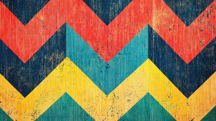 A bold chevron pattern in bright, primary colors on a fabric texture.
