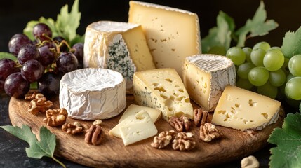 Diverse selection of gourmet cheeses paired with fresh fruits and nuts on wooden board