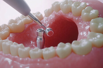 Dental implants displayed in a model of a human jaw demonstrating oral health and restoration procedures