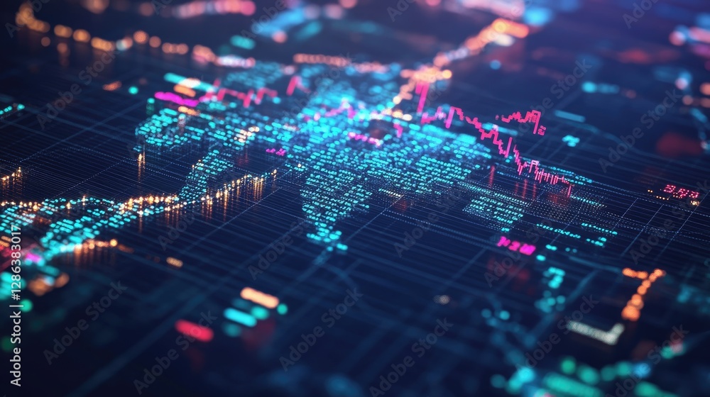 Poster abstract data visualization with colorful neon lines and graphs