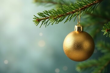 Decorative gold sphere ball suspended from a small pine tree branches, decorative, spruce