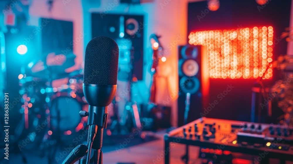 Poster close-up of a microphone in a recording studio with blurred background of musical instruments and eq