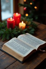 Candles and mistletoe around an open Bible on a wooden table, table, winter