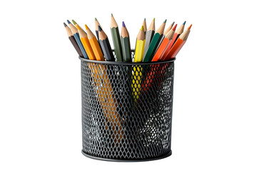 Metal mesh pencil holder with colorful pencils on transparent background