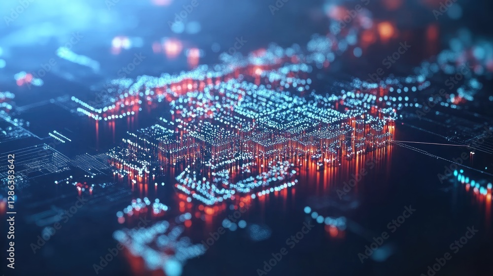Poster abstract digital circuit design with glowing blue and red elements