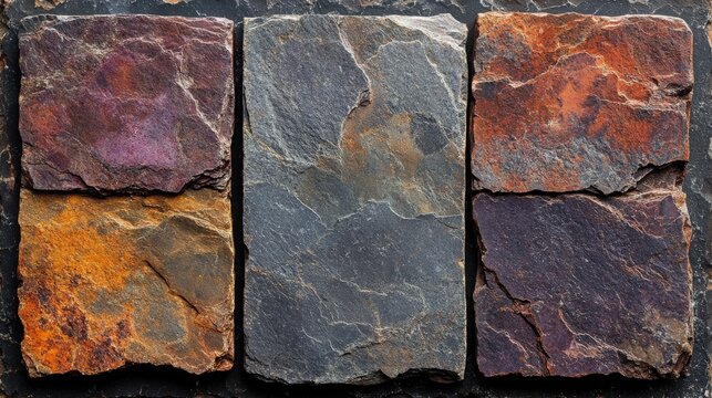 Macro view of rough porphyry tiles showcasing vibrant volcanic textures and colors