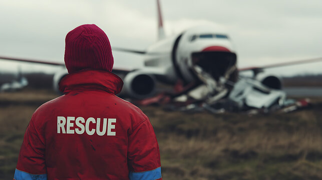 Emergency personnel near a plane crash site, focusing on rescue efforts and the aftermath of a severe aviation incident on a desolate airfield.