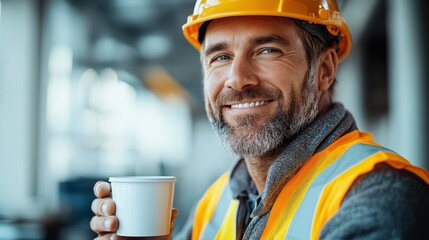 Middle-aged construction worker enjoying coffee break in bright setting