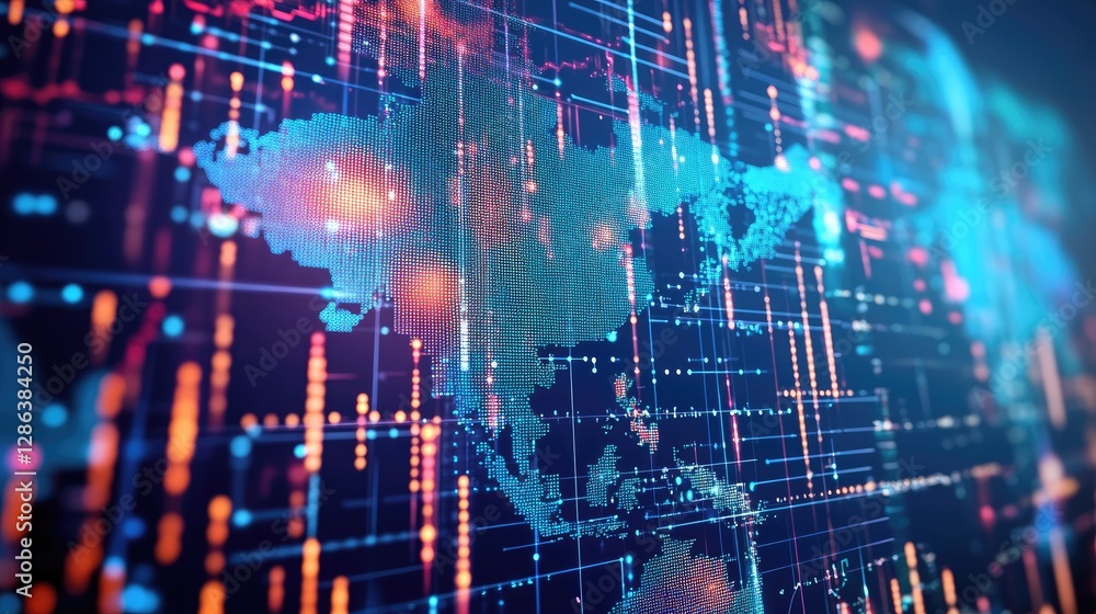 Poster abstract digital world map with technology data visualization