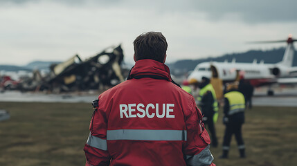 Rescue team member stands at an airfield, overseeing the aftermath of a plane crash, with aircraft and emergency responders visible in the background.