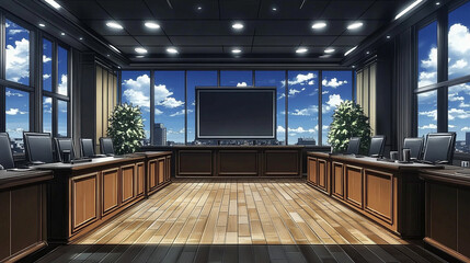 Spacious modern conference room with large windows overlooking city skyline, wooden flooring, and advanced audiovisual equipment, bright sunshine illuminating the space