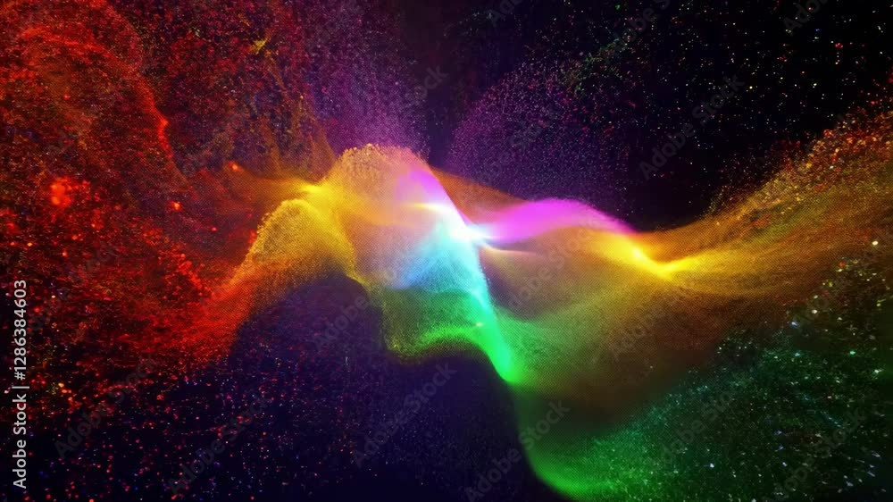 Poster vibrant colors twist and flow, forming stunning patterns that dance across a dark background. this c