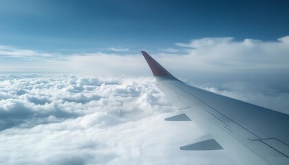 Fototapeta premium A arieal view of white clouds in the sky from the window of an airplane over the wing ,