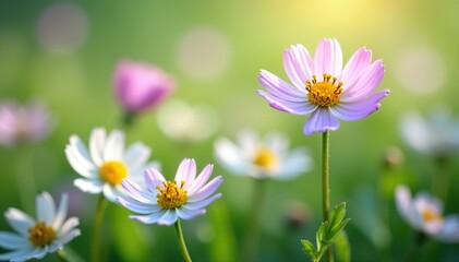 Fototapeta premium Delicate wildflower blooms on a snow-white meadow, petal, greenery, field
