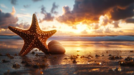 Fototapeta na wymiar Sunrise beach seashells starfish morning calm