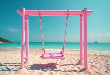 Beachside Bliss: Pink Swing Against Pastel Skies - An Aesthetic Photo Capturing Serenity and Coastal Charm, Ideal for Wall Art and Dreamy Home Decor Vibes.

