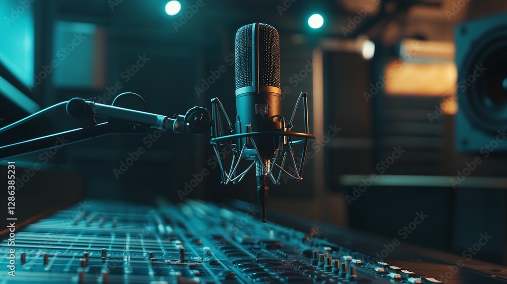 Poster close-up of a professional condenser microphone in a recording studio, positioned above a mixing con