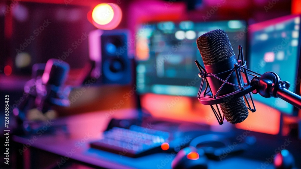 Poster close-up of a professional microphone in a vibrant, modern recording studio setup with computers, sp