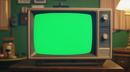 Vintage TV with Green Screen. Vintage TV with green screen in a nostalgic setting, ideal for retro-themed designs or tech history projects.