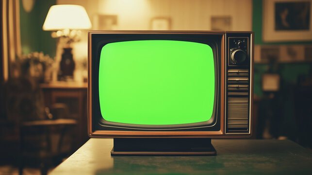 Vintage Television with Green Screen. Vintage TV with green screen in retro living room. Ideal for nostalgia-themed designs or media concepts.
