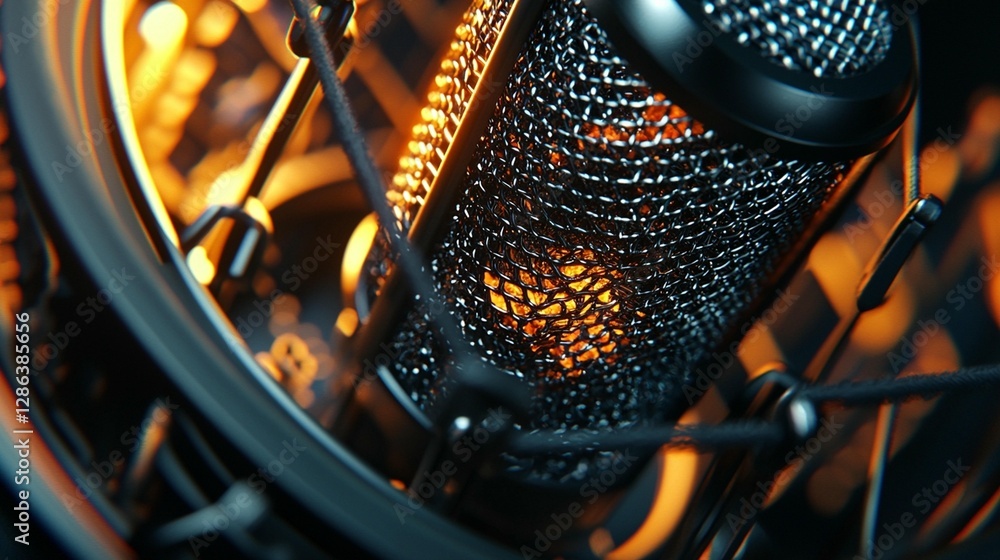 Poster close-up of a professional microphone with shock mount and pop filter, illuminated with warm light.