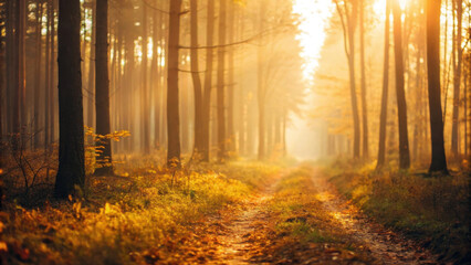 Obraz premium serene sunlit forest path surrounded by tall trees, with warm golden light filtering through leaves, creating dreamy atmosphere