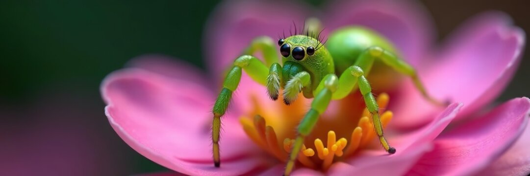 Closeup of a green spider's abdomen on a flower, tiny creatures, insect biology, green spider anatomy flower insect closeup spidernet