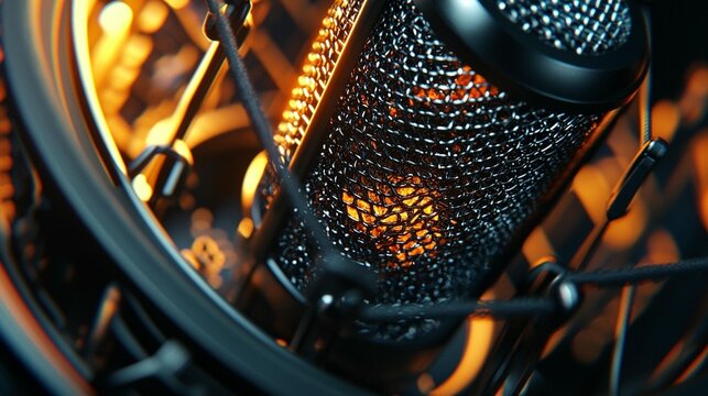 Close-up of a professional microphone with shock mount and pop filter, illuminated with warm light.