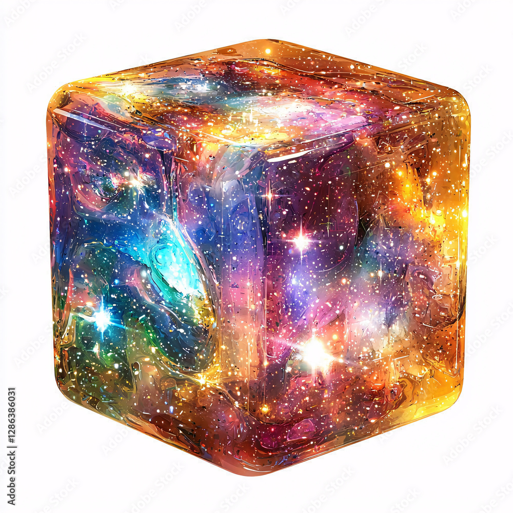 Poster colorful cosmic cube with a galaxy-like pattern on its surface.