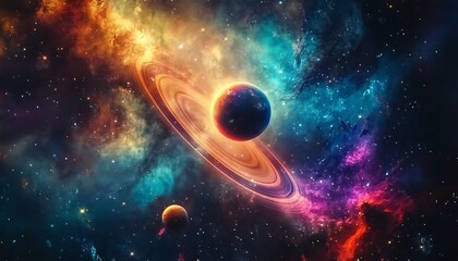 A beautiful planet in space with glowing rings and colorful nebulae , space, outer, galaxy, universe, cosmic ,