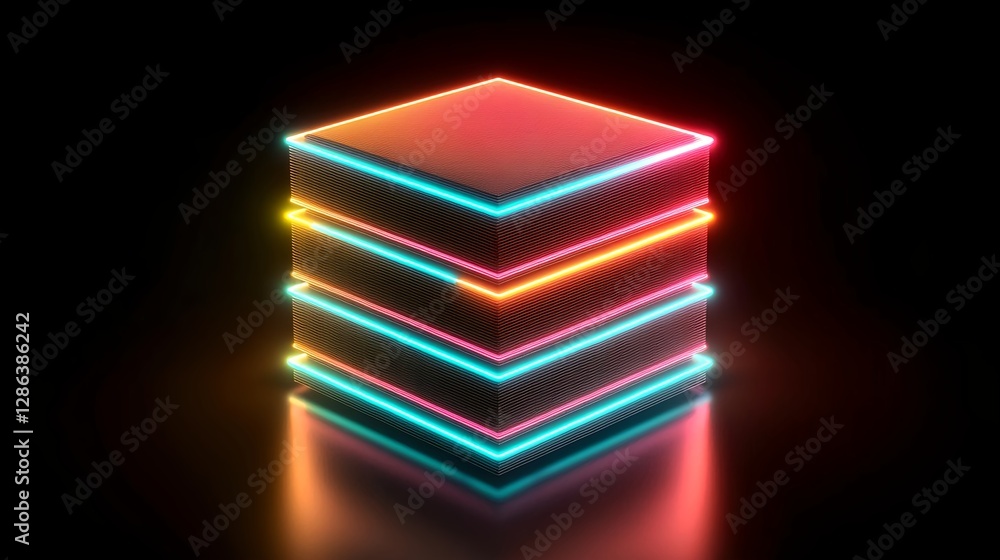 Poster abstract neon stack: glowing geometric design on black background for technology and design concepts