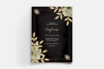 WEDDING INVITATION FRAME WITH FLOWER DECORATIONS AND FRESH LEAVES 