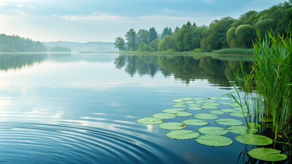 tranquil lakeside scene with gentle ripples and lush greenery, featuring lily pads floating on calm water. serene atmosphere invites relaxation and reflection