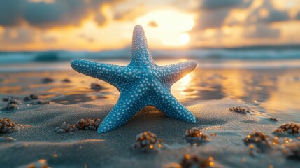 Sunrise beach starfish on golden sand, ocean waves in background.  Possible use greeting card, website background