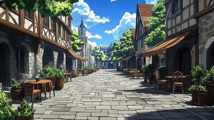 Obraz premium Charming cobblestone street in a picturesque village with sunlight, trees, and inviting outdoor seating in a tranquil yet vibrant atmosphere