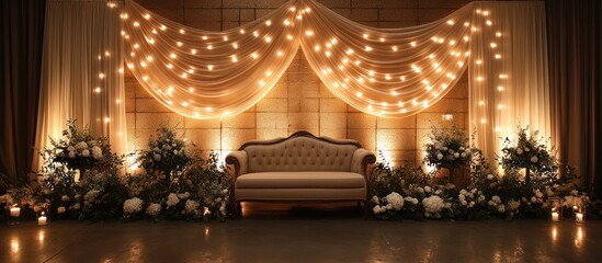 Romantic wedding ceremony setup with a beige sofa, fairy lights, and floral arrangements.