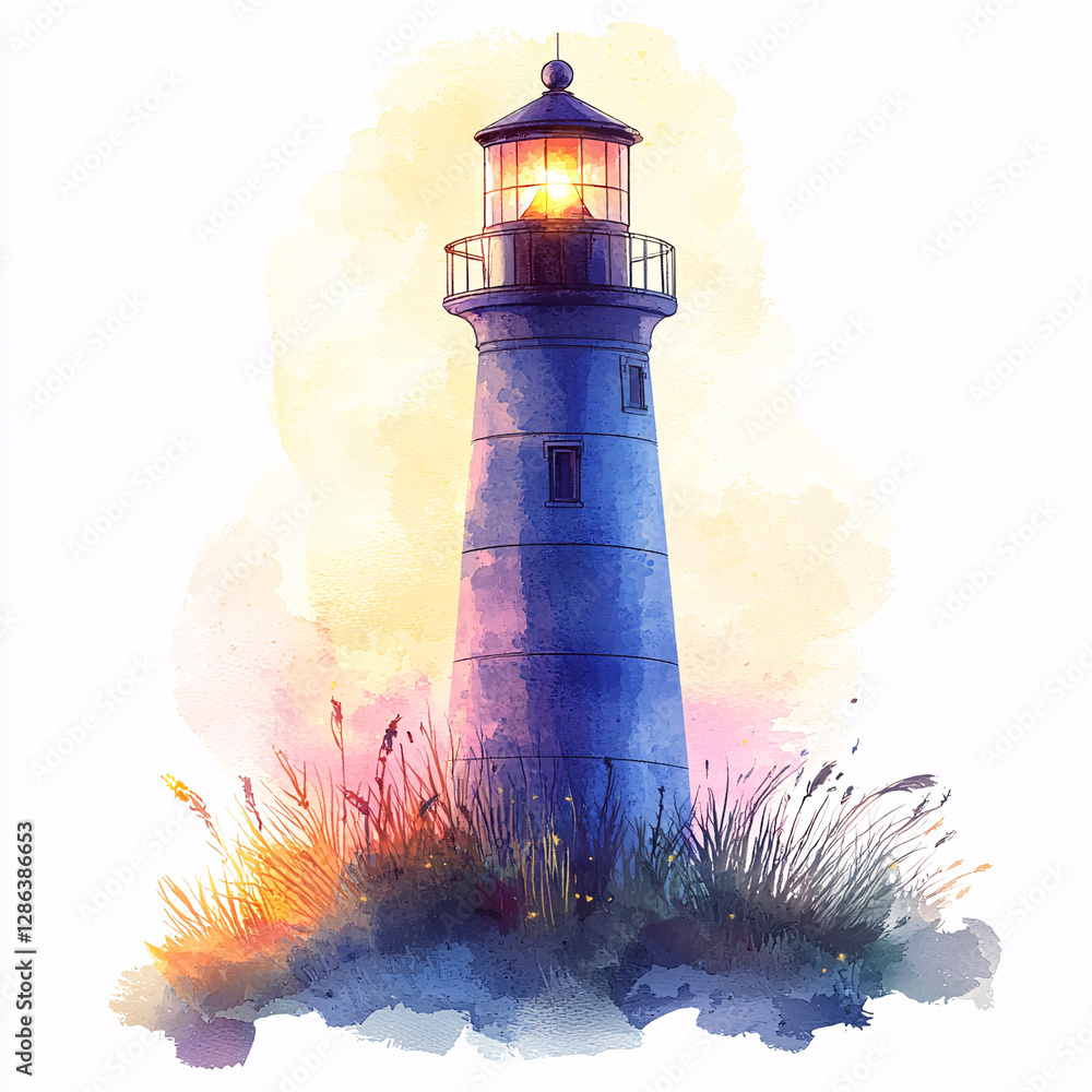 Poster lighthouse illuminated by soft colors at sunset with surrounding grass.
