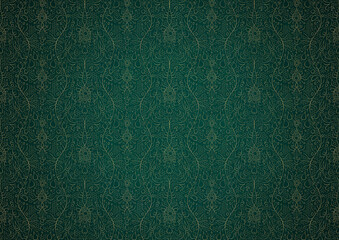 Fototapeta premium Hand-drawn unique abstract gold ornament on a dark green cold background, with vignette of darker background color. Paper texture. Digital artwork, A4. (pattern: p13-2c)