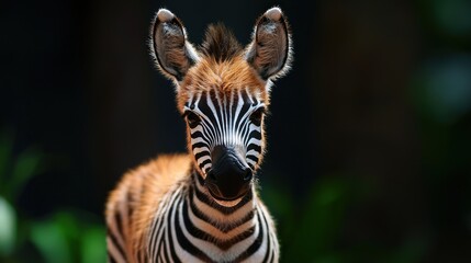 Fototapeta premium A young zebra stands in a lush green environment, showcasing its striking black and white stripes