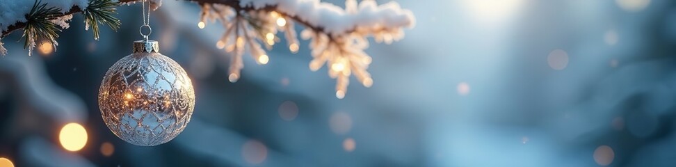 Dainty ornament hanging from crystal chandelier, shimmering light, frosty ambiance, silver tones, sparkling icicles