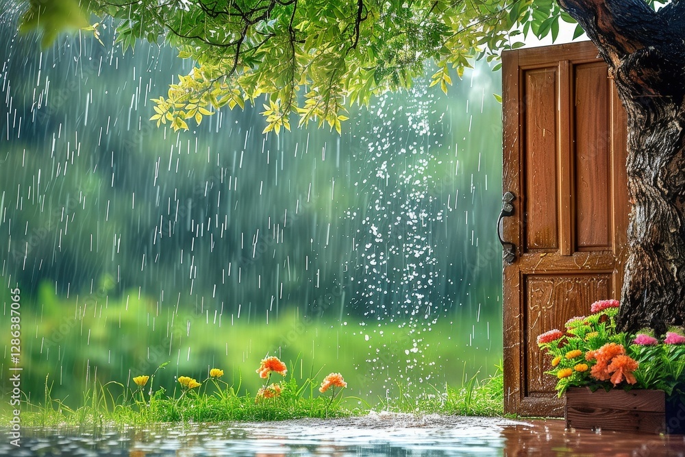 Poster a tree with a door in front of it is open and raining